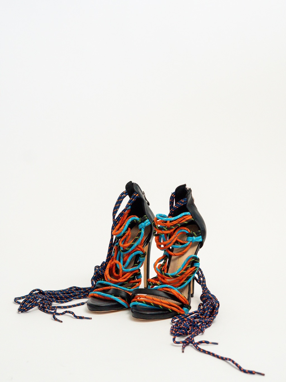 Black High Heel Sandals with Multicolor Rope Laces